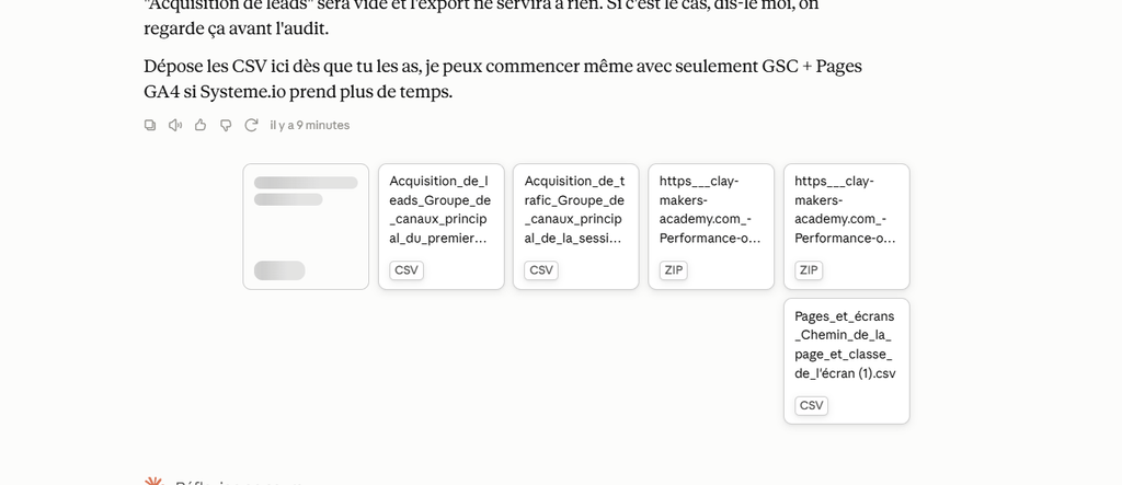 dépôt des fichiers CSV et ZIP d'export GSC et GA4 dans une conversation Claude
